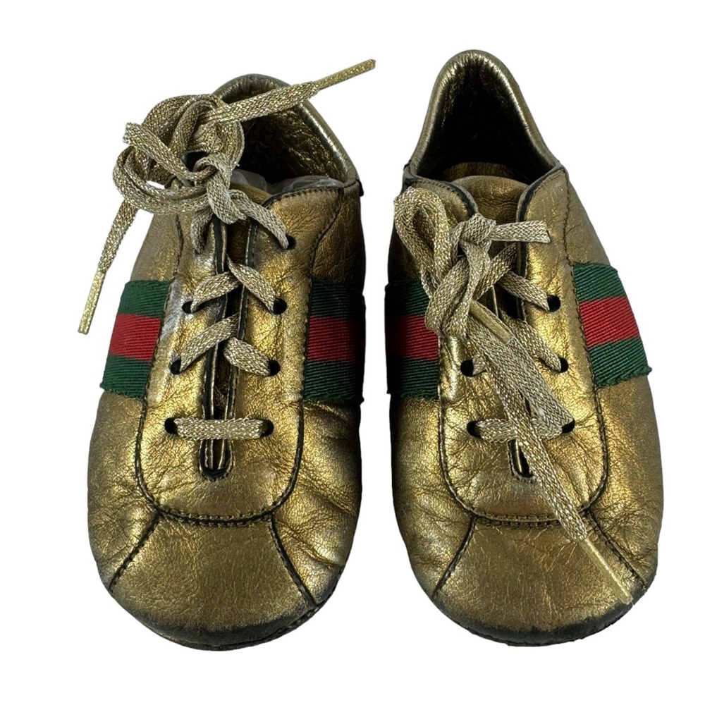 GUCCI Gold Leather Web Low Top Baby Sneakers Made in Italy Marked as 19 - 3.5 US